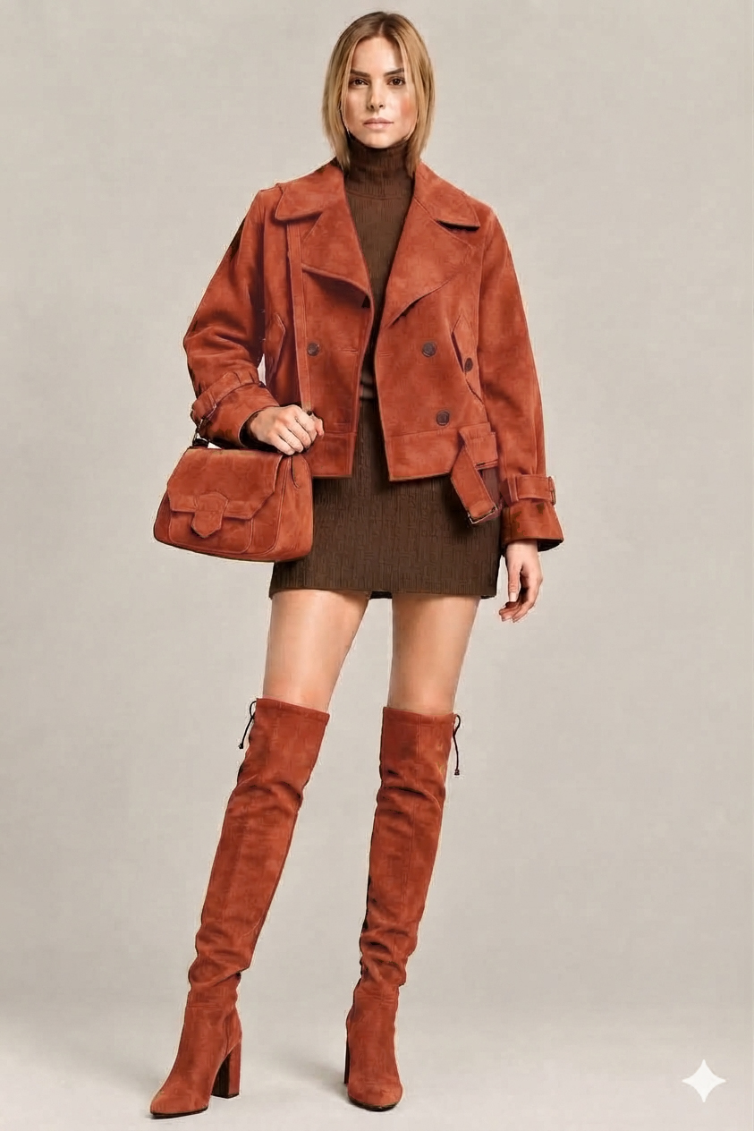 Women's terracotta custom-made thigh-high boots with round toe and high block heel- Top view